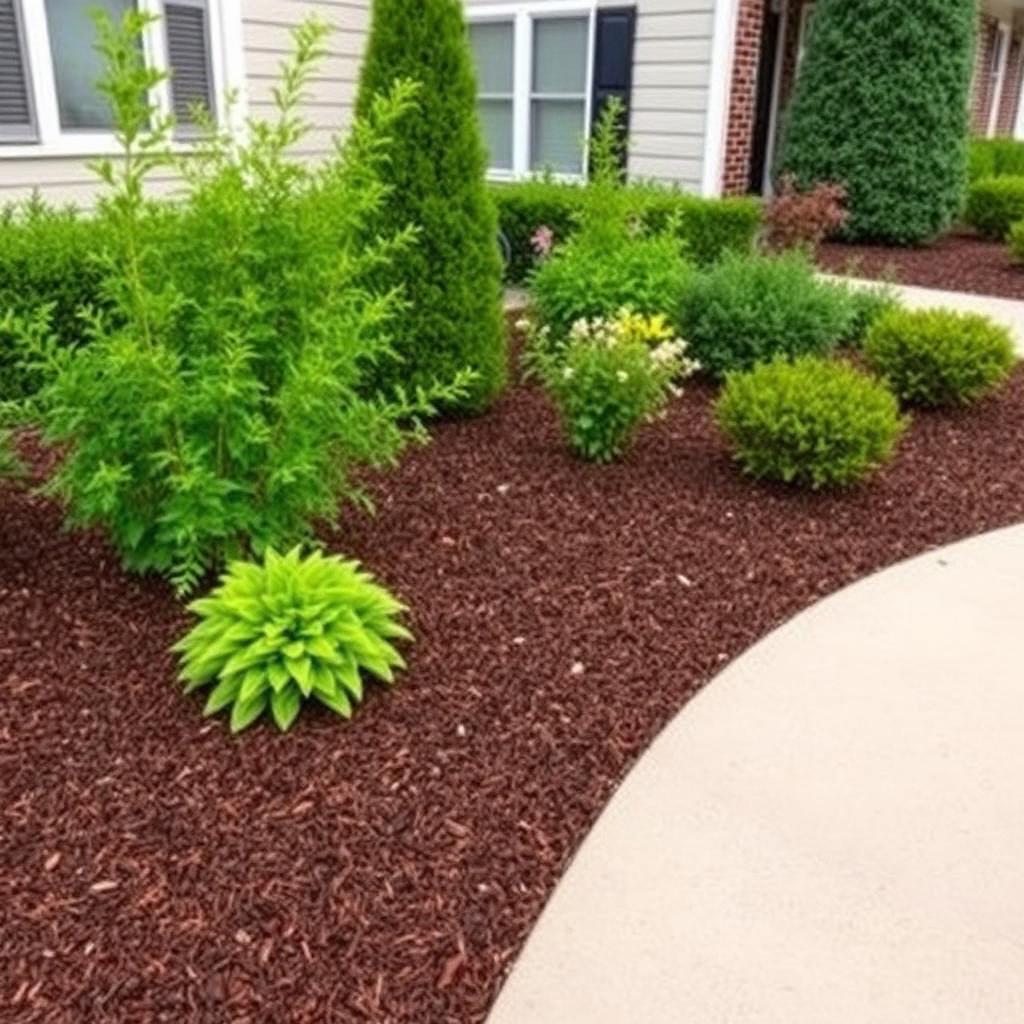 Fresh dark mulch spread around landscaped shrubs